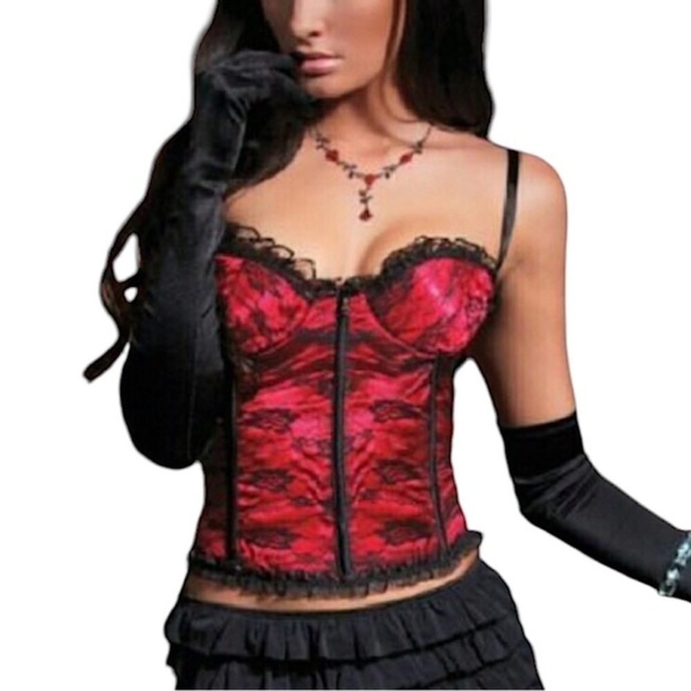 Coquette New Romantic Vintage Red Black Lace Padded Side Zipper Corset XL